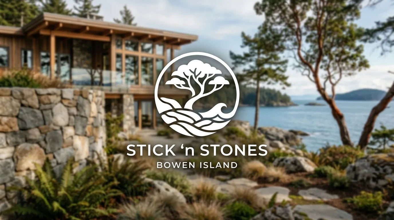 AI-generated directory artwork for Stick 'n Stones Bowen Island; not an official logo or business project photo.