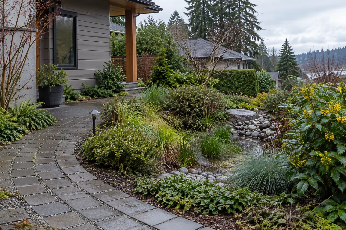 Garden illustration showing a gravel-jointed path next to a shallow planted rain garden beside a British Columbia home.