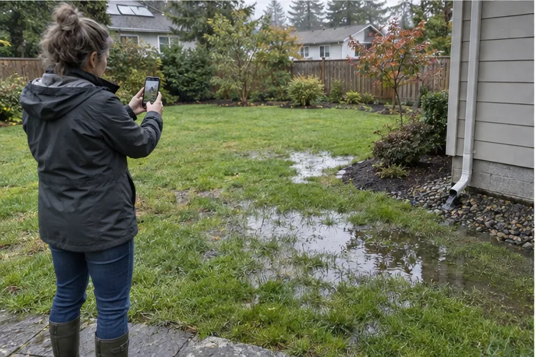 Illustration of a homeowner photographing puddles on a lawn near a downspout.