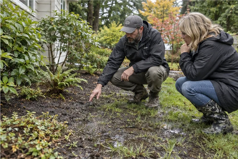 Illustration of a drainage professional examining damp soil with a homeowner.