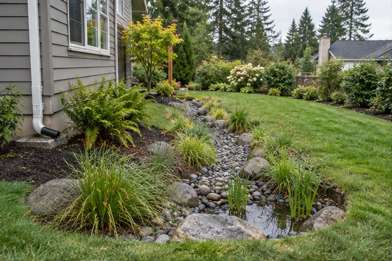 Illustration of a landscaped swale leading away from a house toward a planted area.