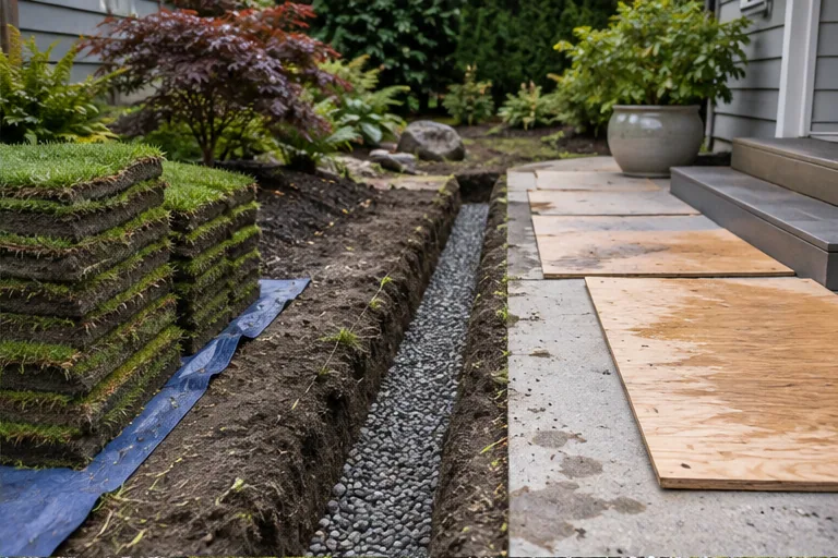 Illustration of a drainage trench beside stacked turf and protected paving on a worksite.