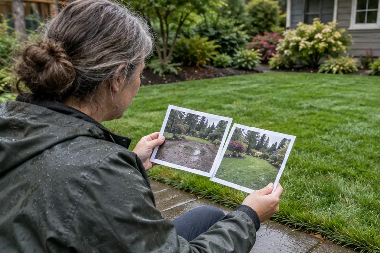 Illustration of a homeowner comparing site photographs next to a restored lawn.