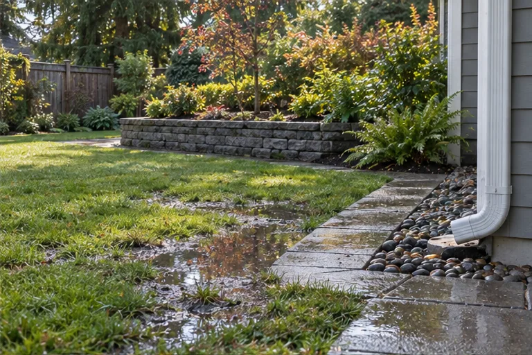 Illustration of a garden after rain with damp soil and a downspout.