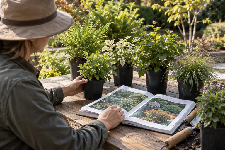 Illustration of a gardener with potted plants and a botanical book.