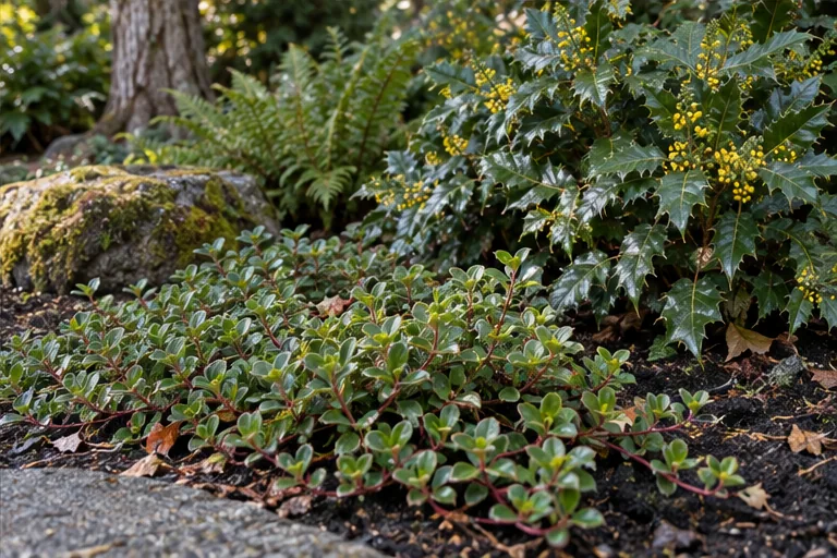 Illustration of groundcover and shrubs in a naturalistic mulched garden.