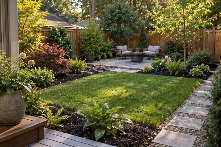 Illustration of a compact backyard with a small lawn and mulch.