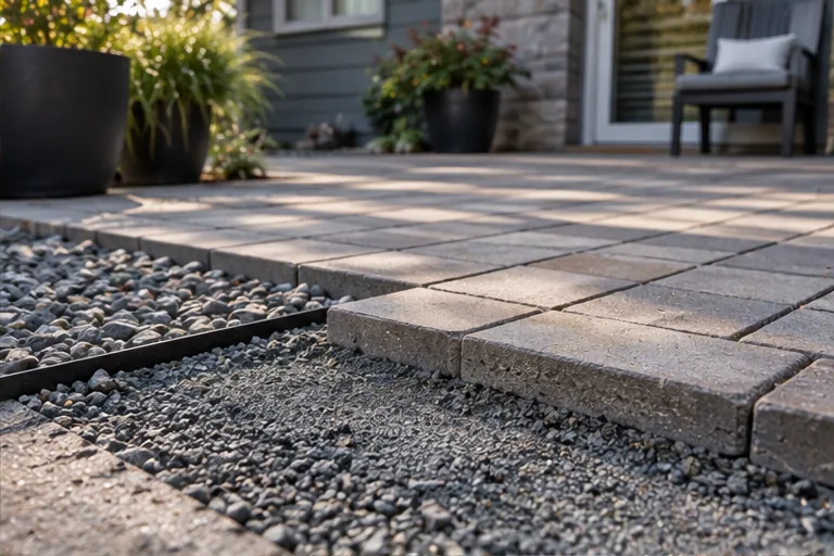 Illustration of a paver patio with an unfinished stone edge.