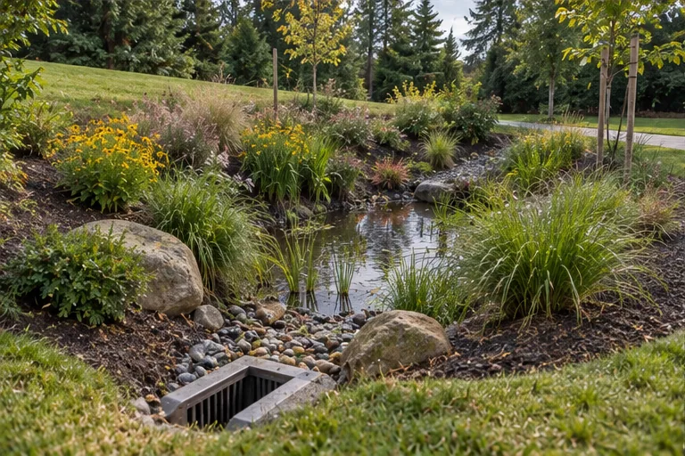 Illustration of a planted rain garden in a shallow depression.