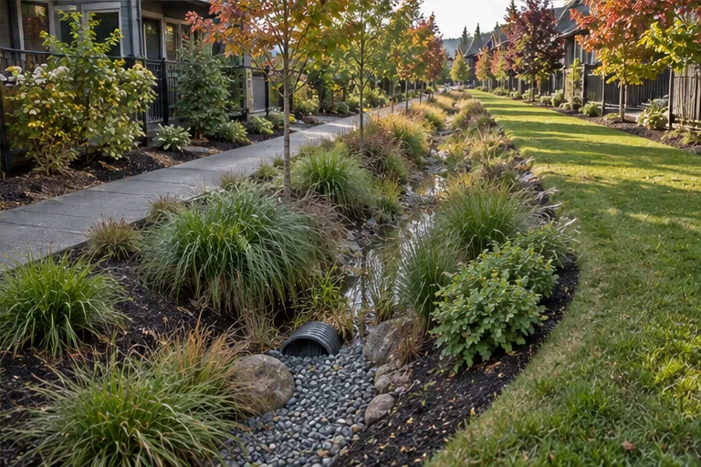Illustration of a planted bioswale with grasses and sedges beside a path.