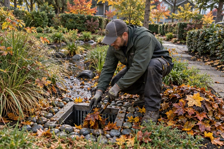 Illustration of a gardener clearing leaves from a rain garden inlet.