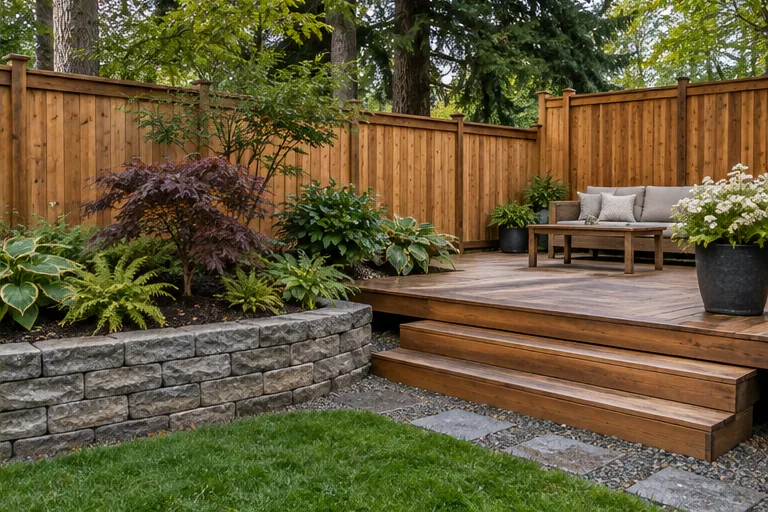 Illustration of a garden with a cedar privacy fence, a small deck, and a retaining wall.