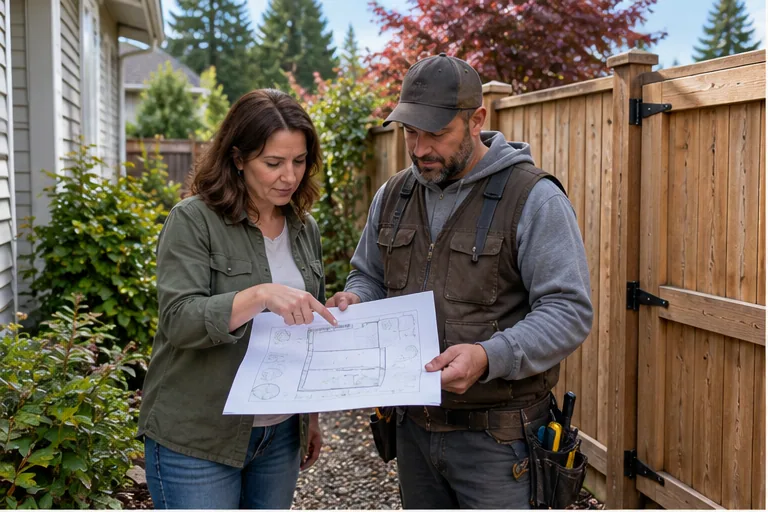 Illustration of a homeowner and contractor reviewing a property sketch by a fence.