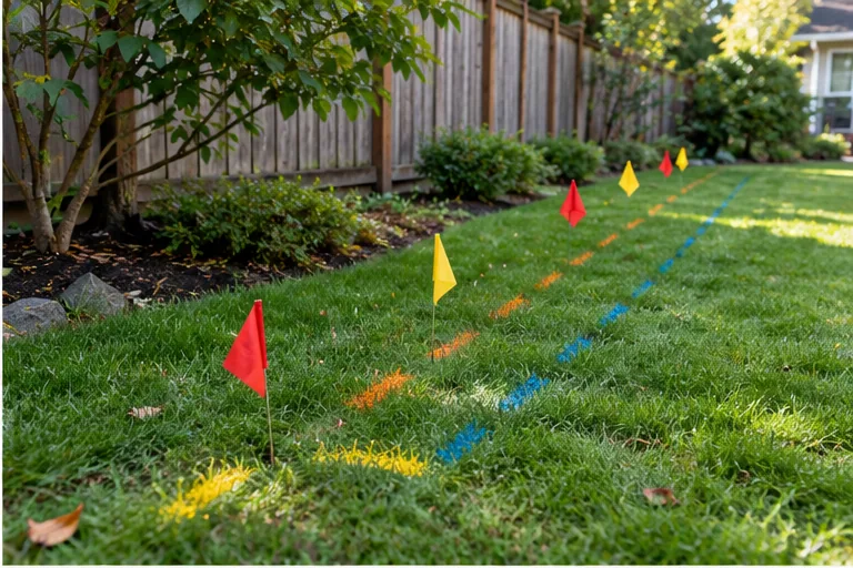 Illustration of colored utility flags and paint on a lawn beside a fence line.