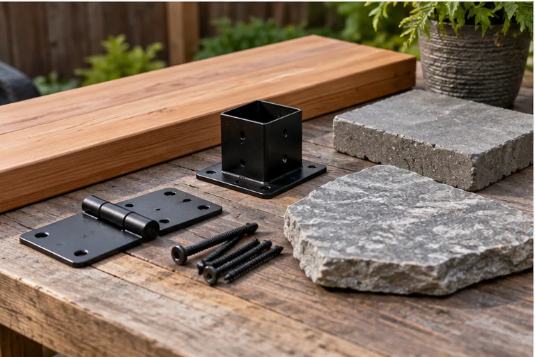 Illustration of decking boards, fence hardware, and stone samples on a workbench.