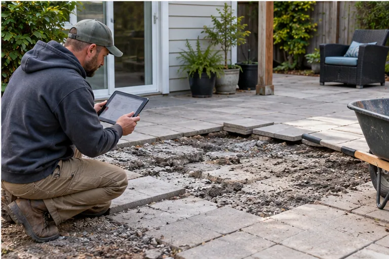Illustration of a contractor documenting an old patio substrate on a tablet.