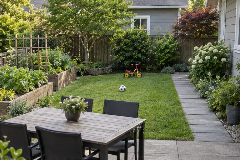 Illustration of a compact garden featuring a dining table, lawn, vegetable bed, and path.