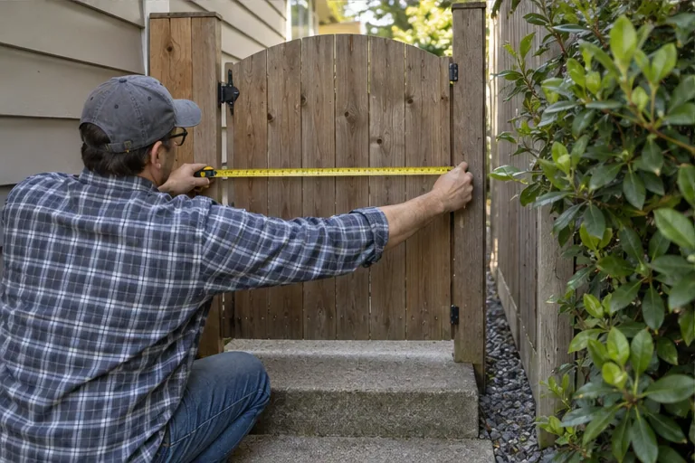 Illustration of a homeowner measuring a narrow garden side gate near some shrubs.