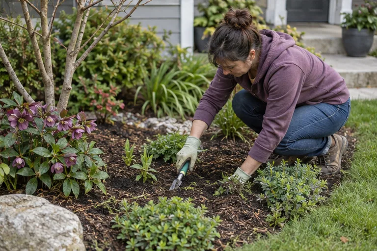 Illustration of a gardener kneeling in a mulched planting bed using a hand weeder.
