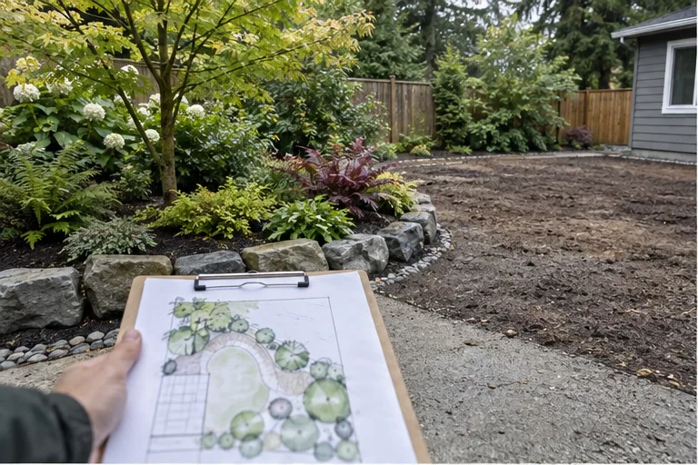 Illustration of a finished garden corner next to an unfinished area with a sketch.