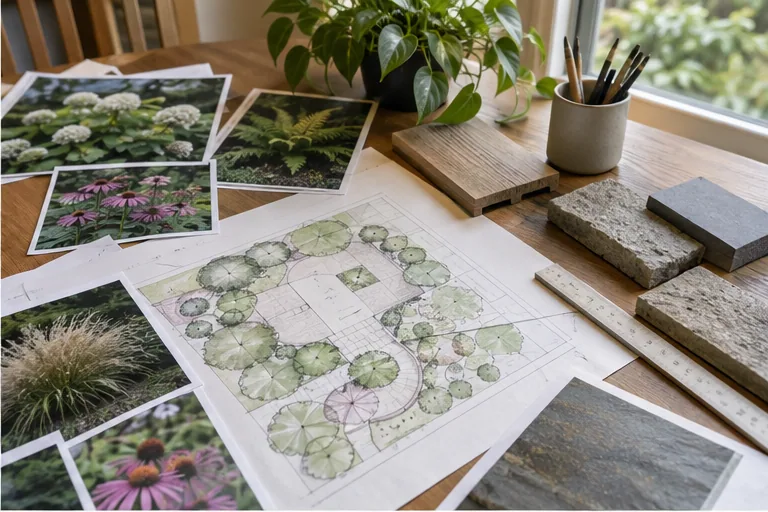 Illustration of a garden designer's desk with a planting plan, photographs, and samples.