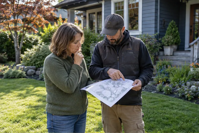 Illustration of a homeowner and contractor reviewing a garden sketch on a lawn.