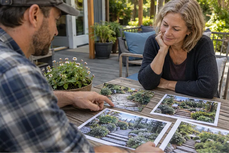 Illustration of a contractor showing garden project photographs to a homeowner at an outdoor table.