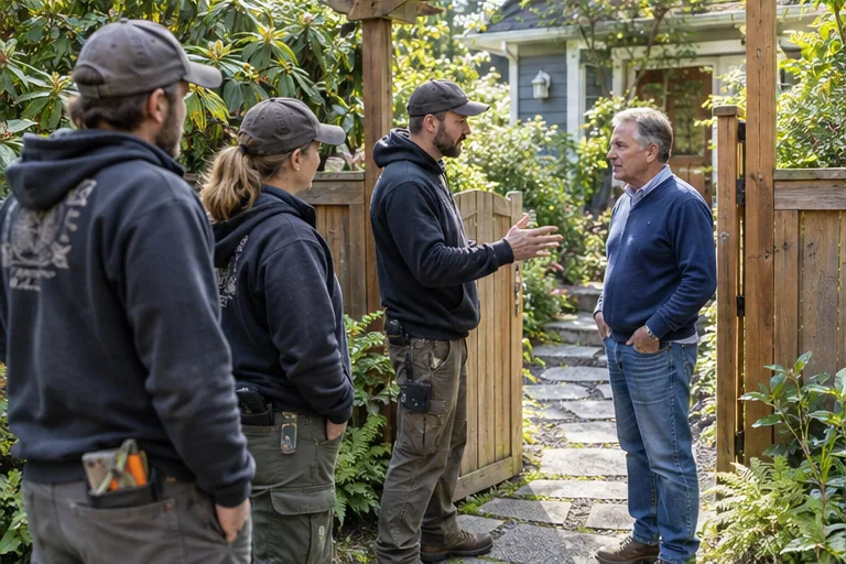 Illustration of a landscaping crew meeting a homeowner at a garden gate.