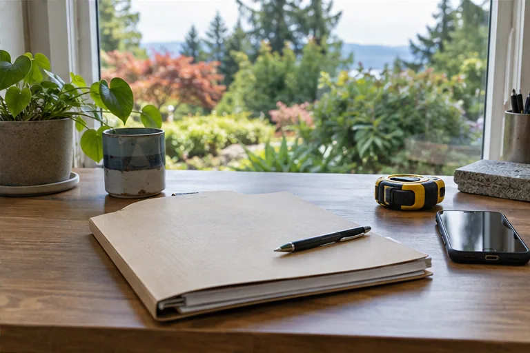 Illustration of a contract folder, pen, and measuring tape on a desk near a window.