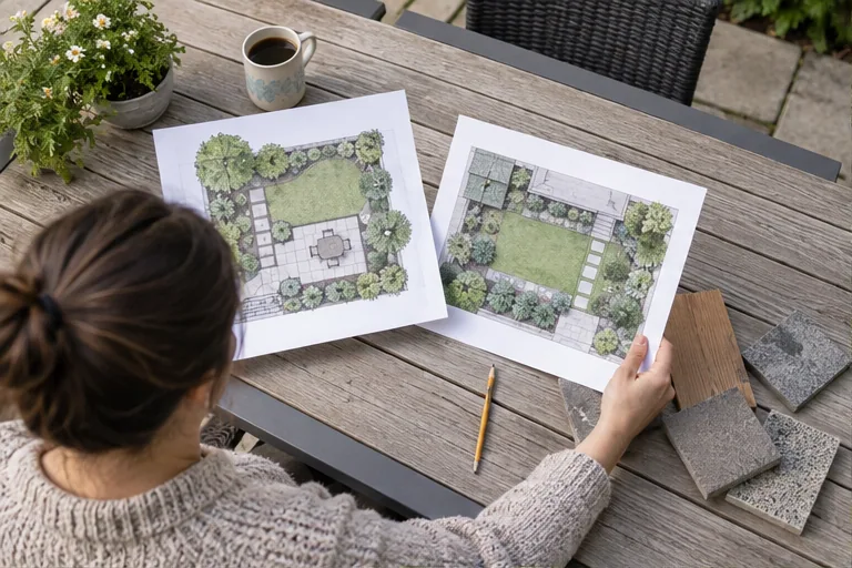 Illustration of a homeowner comparing two landscaping proposals with material samples on an outdoor table.