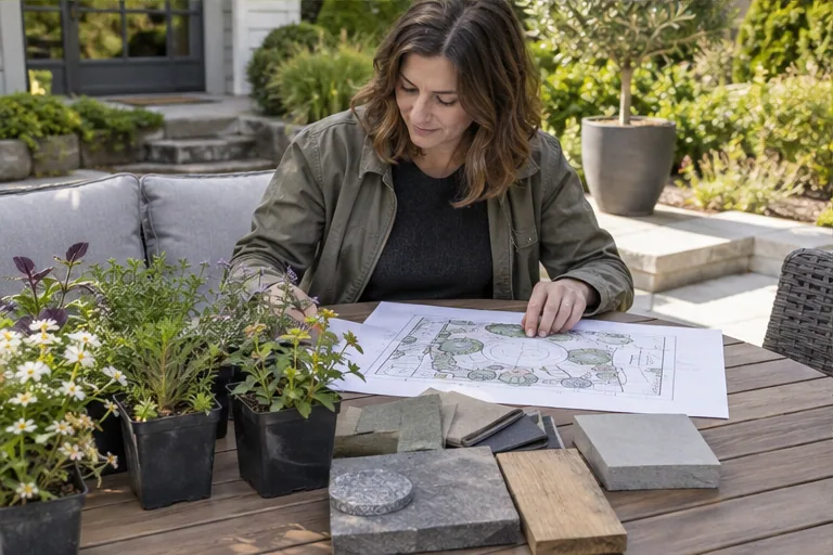 Illustration of a designer placing a planting plan beside material samples on a table.