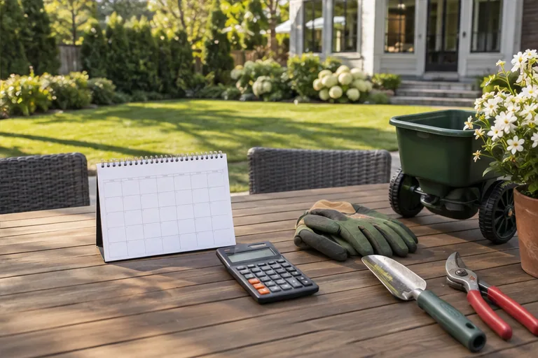 Illustration of a calendar, calculator, and lawn tools on a patio table.