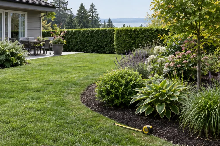 Illustration of a lawn, planting beds, and hedges with a tape measure.