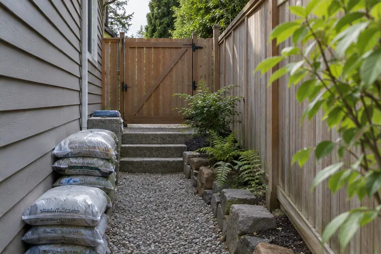 Illustration of a narrow garden path with steps and stacked material bags.