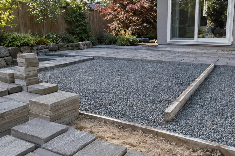 Illustration of an unfinished patio with a gravel base and stacked pavers.