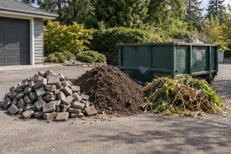 Illustration of piles of old pavers, soil, and clippings beside a skip.