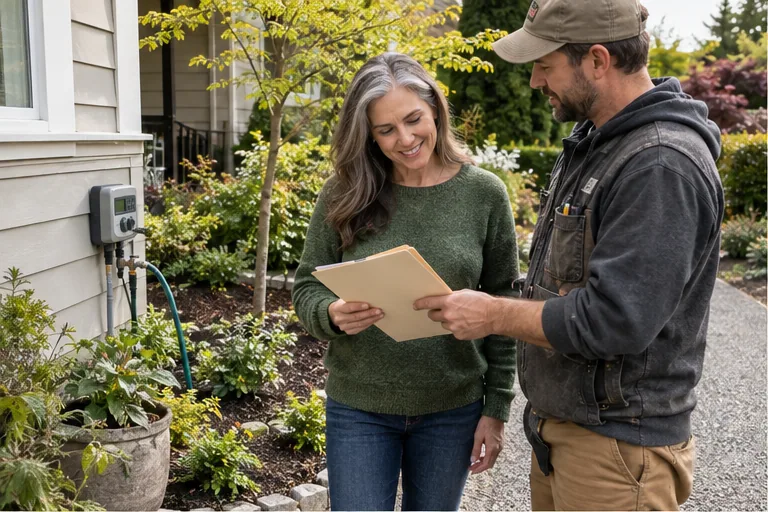 Illustration of a homeowner receiving a project folder.