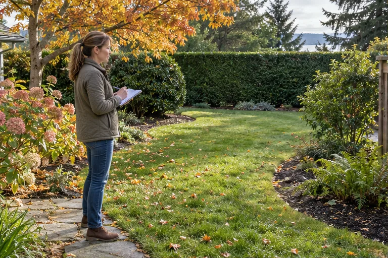 Illustration of a homeowner surveying a leafy autumn garden with a notebook.