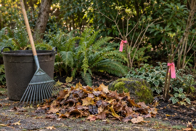 Illustration of cleanup tools and a small leaf pile beside established plants.