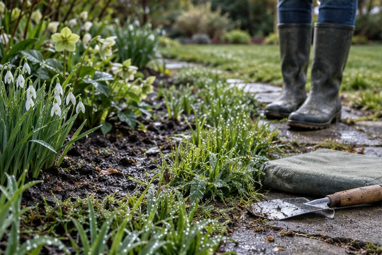 Illustration of dew on grass and wet soil in a spring garden.