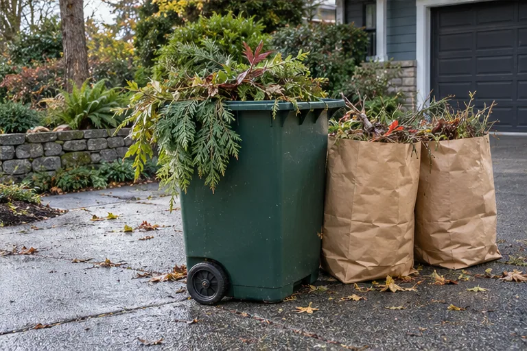 Illustration of garden clippings in a green bin and yard bags beside a driveway.