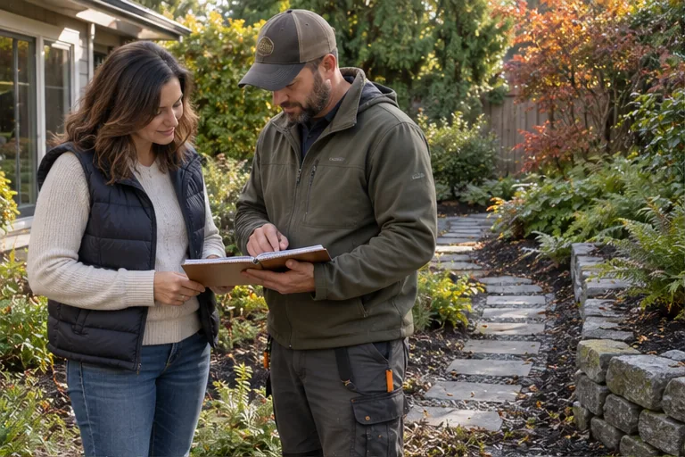 Illustration of a gardener and homeowner reviewing a notebook beside a tidied path.