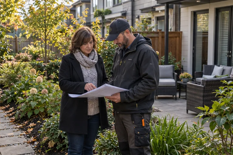 Illustration of a council member and contractor comparing a site plan.