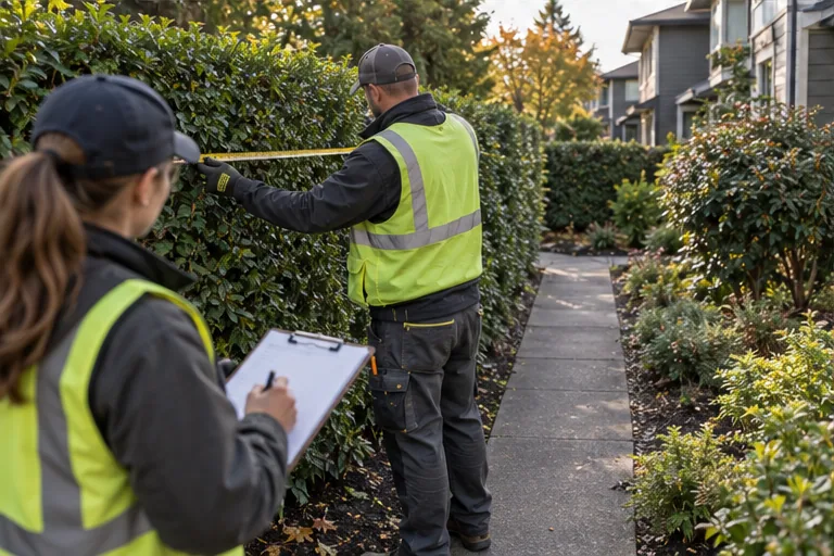 Illustration of a contractor measuring a hedge while a colleague uses a clipboard.