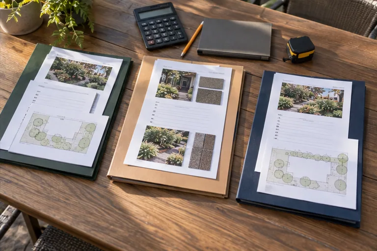 Illustration of three bid folders with a calculator and pencil.