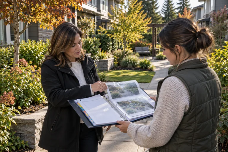 Illustration of a property manager handing a maintenance binder to a council member.