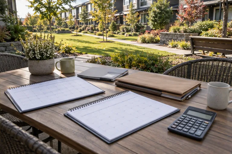 Illustration of a council table with a calendar, calculator, and folder.