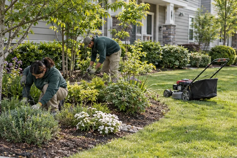 Illustration of a crew tending a planting bed near a lawn mower.