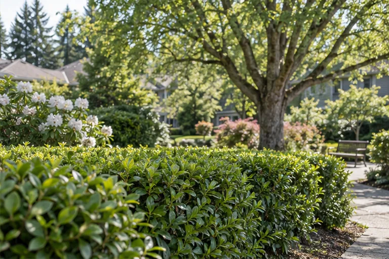 Illustration of a shared garden with a clipped hedge and a mature tree.