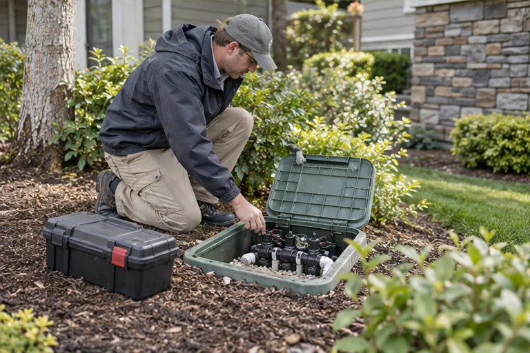 Illustration of a technician inspecting an irrigation valve box.